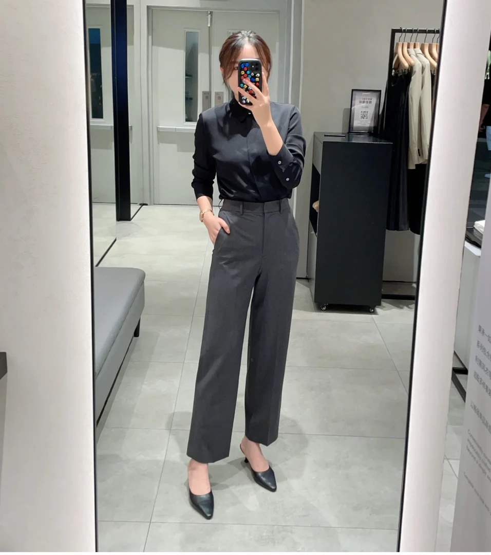 女士外贸黑色深灰色气质通勤插袋设计羊毛混纺利落版型直筒西裤