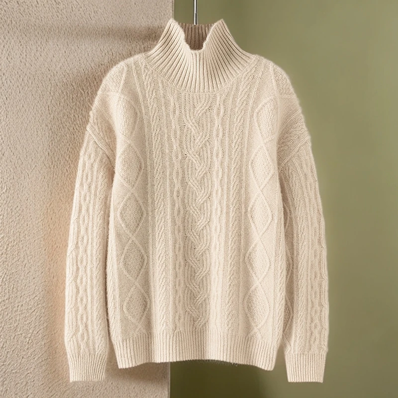 秋冬100%纯羊毛衫女高领加厚纯色套头毛衣宽松休闲绞花螺纹打底衫