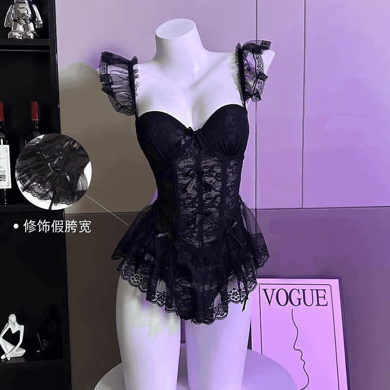 【梦幻芭蕾】性感显瘦鱼骨吊带蝴蝶蕾丝辣妹镂空内搭连体裙诱惑聚拢