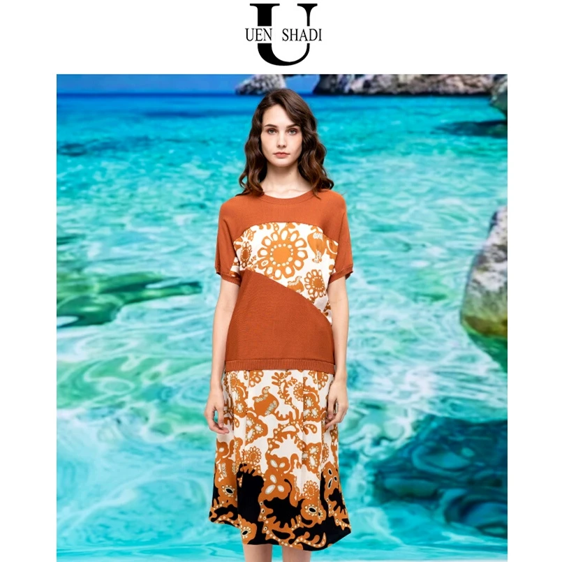 uenshadi温莎蒂春季新款品牌女装时尚桔色印花短袖针织套衫
