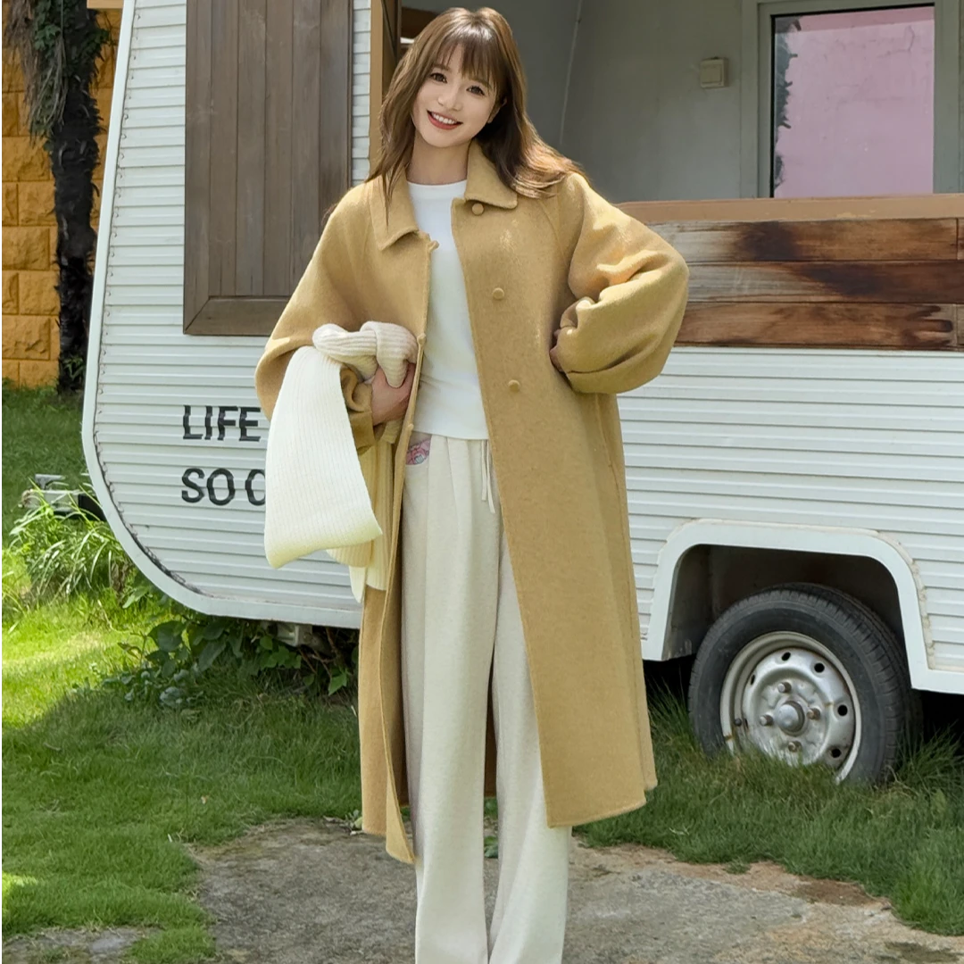 新中式简约宽松温柔风时尚气质网红翻领长款羊毛大衣冬季 0915