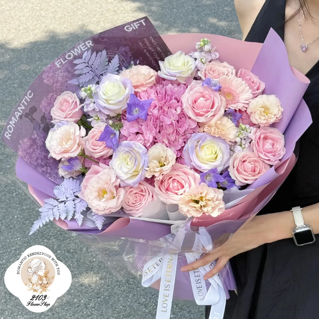 母亲节快乐❤【粉玫瑰粉色康乃馨紫罗兰皇冠花束】