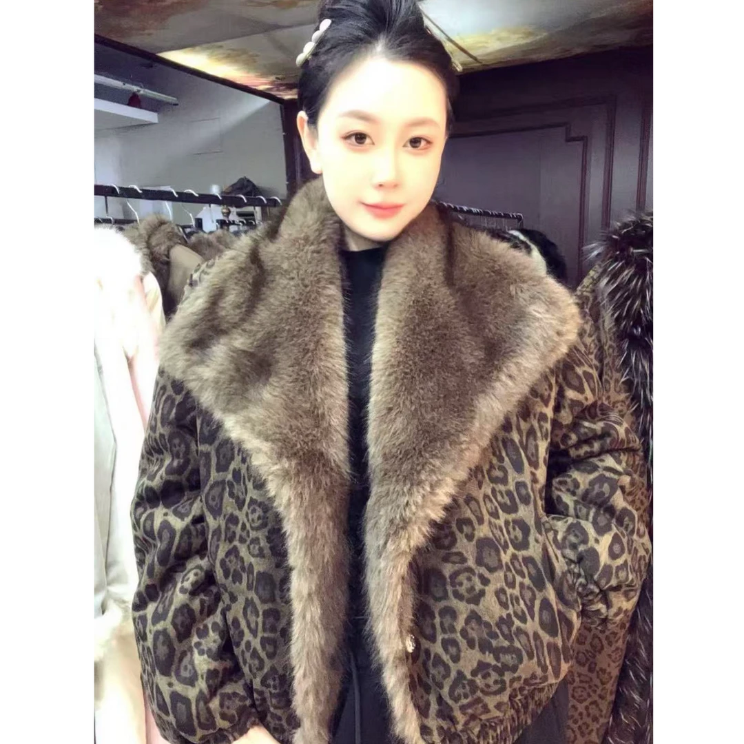 舒适百搭冬季新款海宁豹纹毛毛外套大毛领加厚22