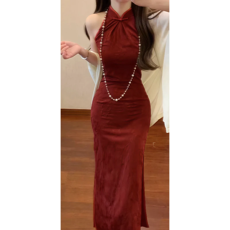 新中式国风复古提花红色改良旗袍连衣裙无袖开衩修身气质长裙9163