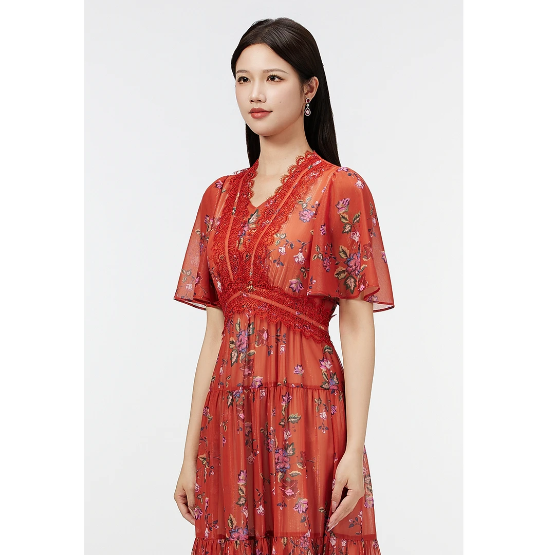 SUSSI/古色V领荷叶短袖印花收腰褶摆连衣裙