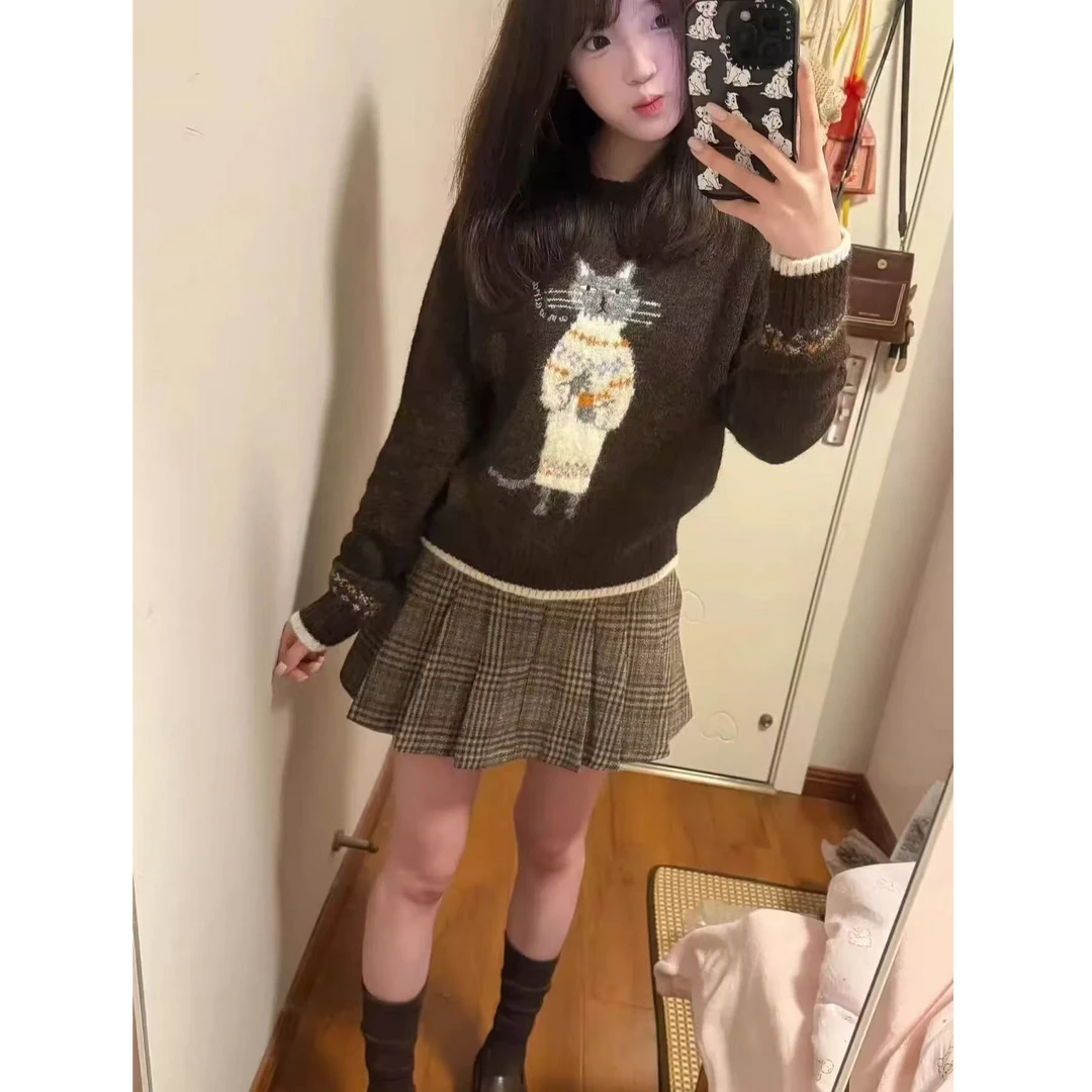 费尔岛绣花小猫针织衫毛衣女秋冬圆领套头软糯内搭小个子慵懒上衣