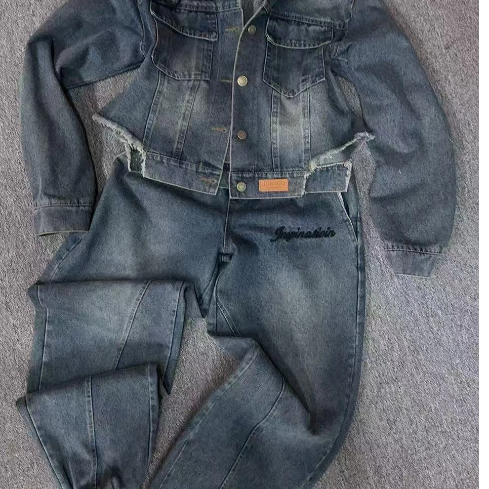 8018刺绣字母连帽牛仔套装