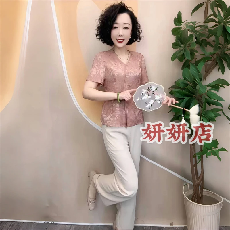 8805夏季国风真丝V领旗袍小衫妈妈时尚气质衬衫遮肉显瘦洋气上衣