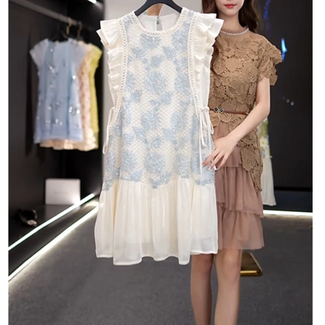 法式千金风重工拼接亮片飞飞袖连衣裙2025新款设计感轻奢宽松短裙