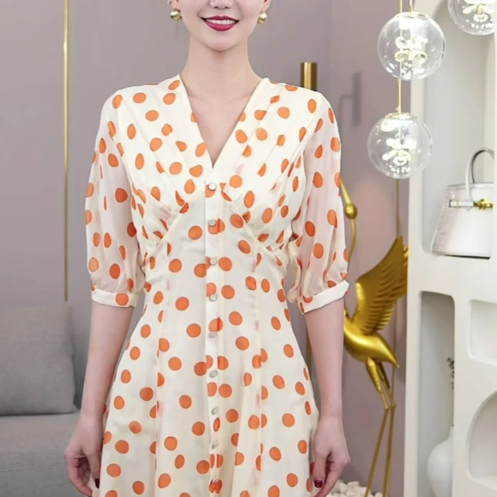 现货2025夏季新款【夏日限定】高定款气质V领波点显瘦法式连衣裙子