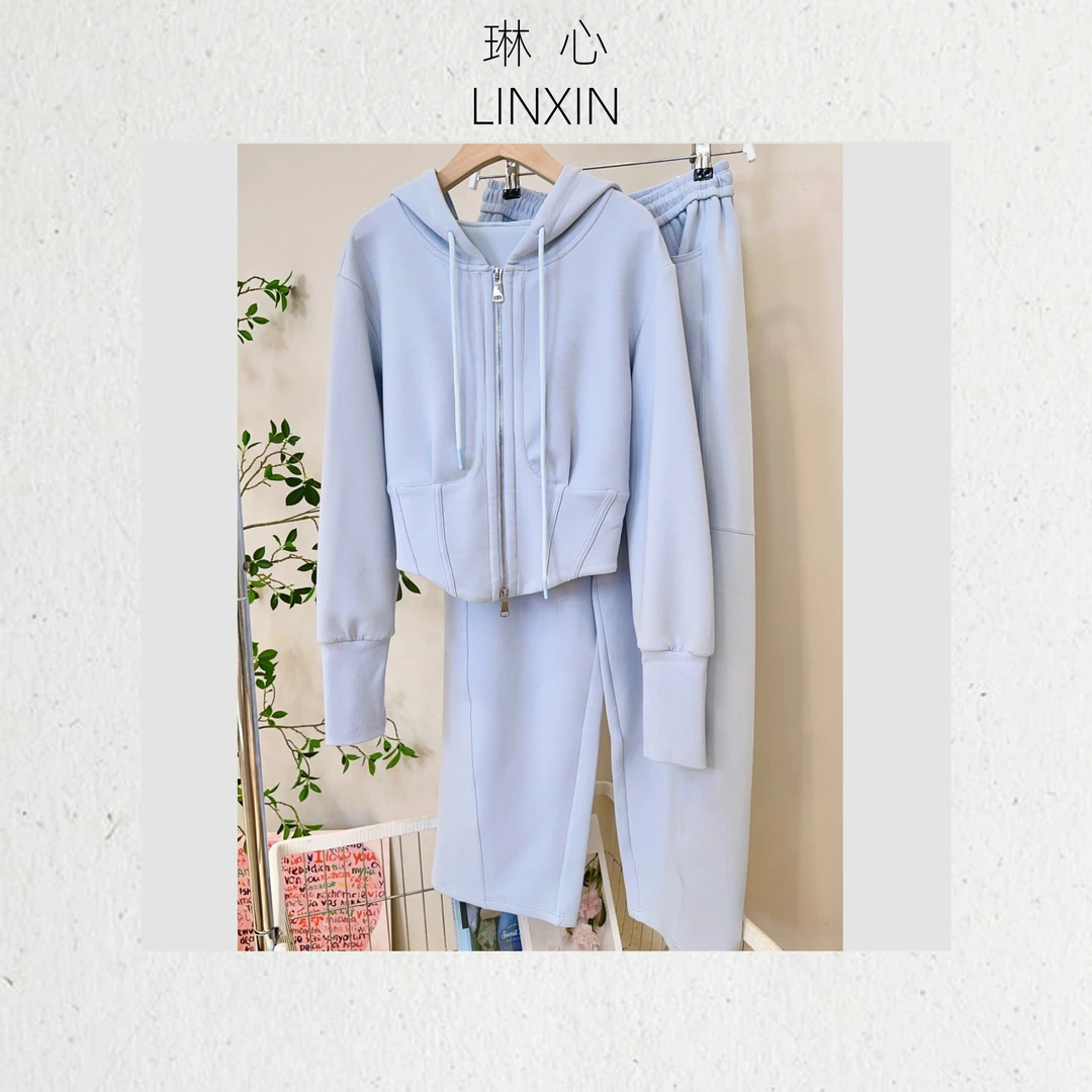 丨早秋气质休闲灰蓝色长袖连帽卫衣长裤套装 8239