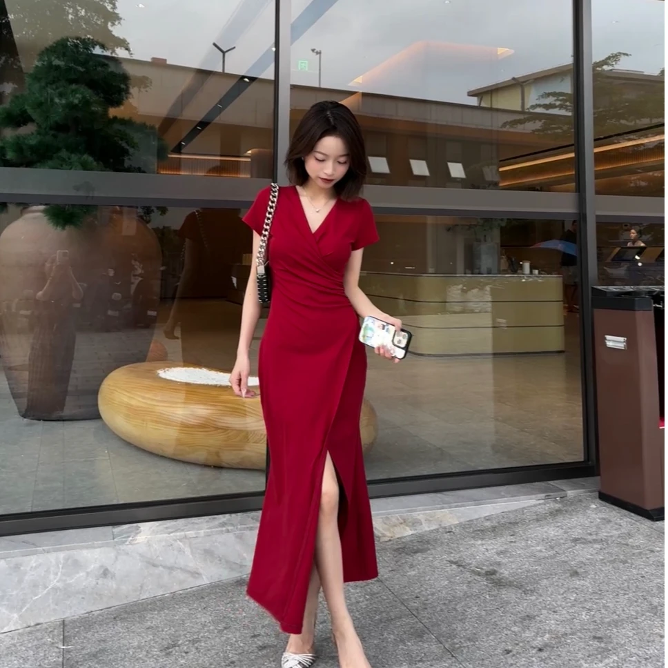 K N J小个子定制V领褶皱气质修身显瘦御姐风开叉包臀长裙