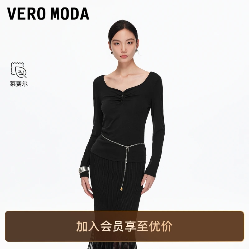 Vero ModaT恤25秋季新款含莱赛尔修身收腰捏褶上衣百搭老钱风小众