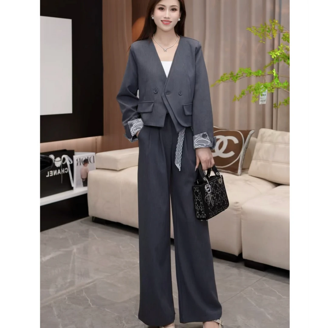 【冰姐】时尚通勤套装显瘦百搭西装外套+百搭阔腿裤三件套10150