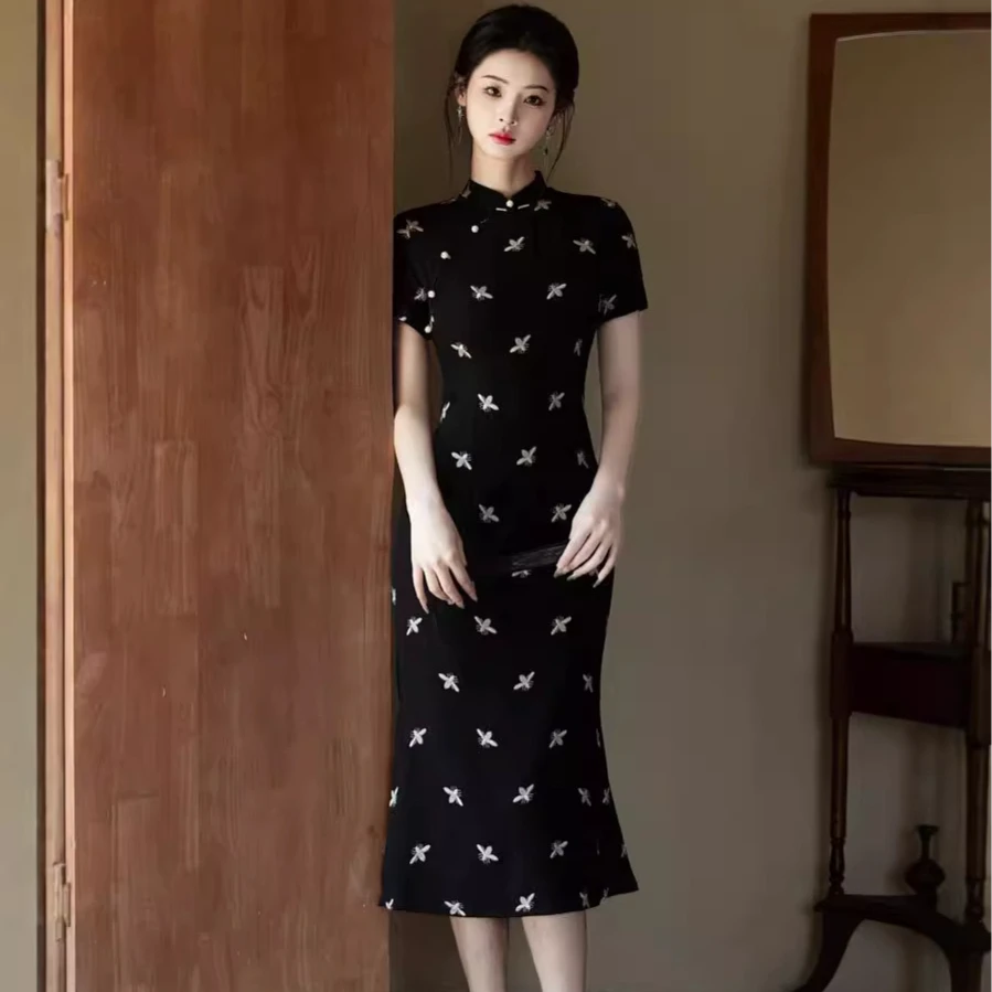 黑色旗袍小个子修身显瘦气质网红时尚夏季复古法式中长款中国风