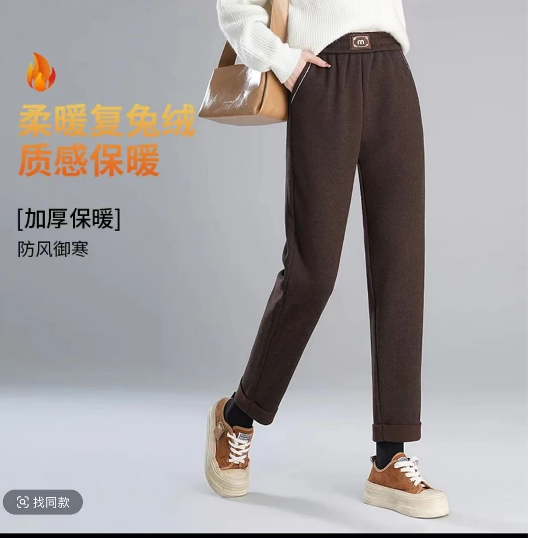 2602#裤长92加绒加厚毛呢松紧高腰秋冬季新款百搭显瘦直筒烟管裤
