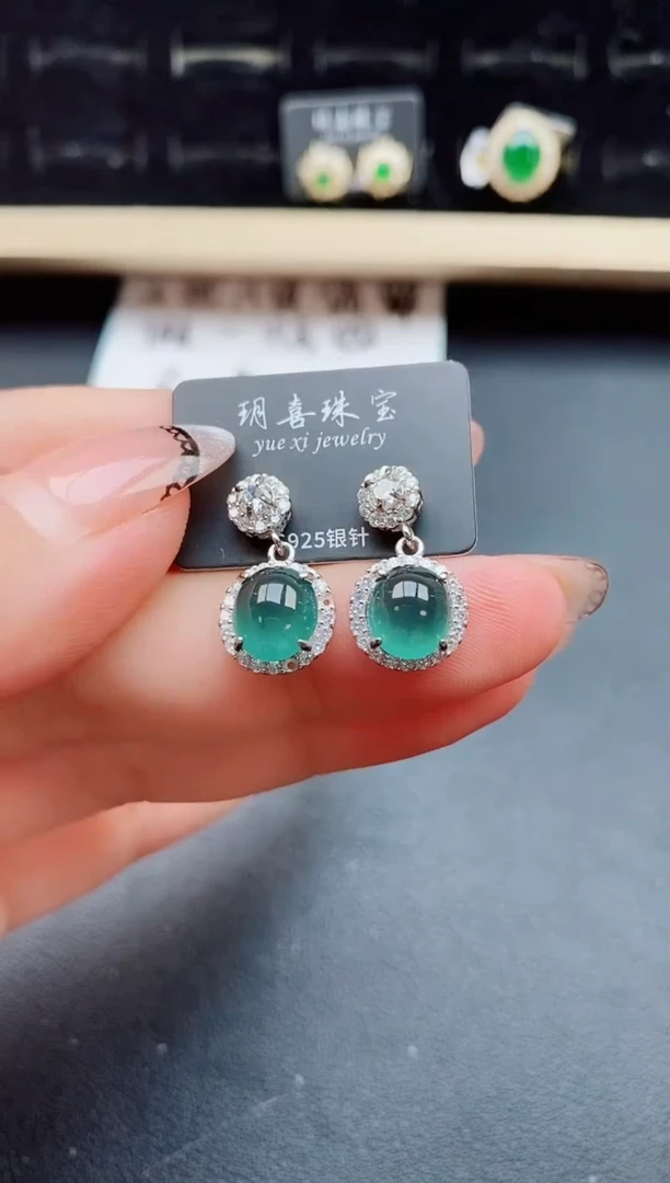 翡翠银S925镶嵌耳饰0850