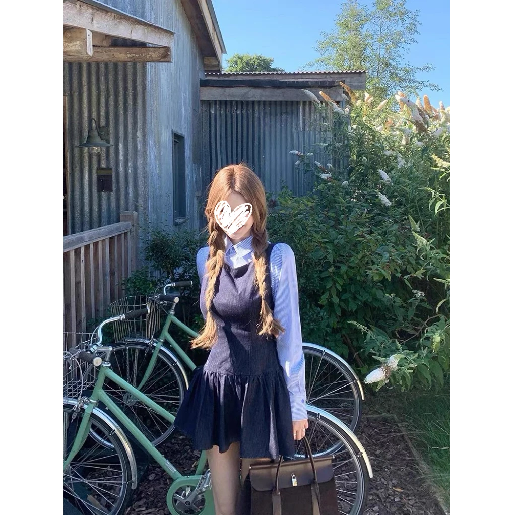 学院风背心连衣裙内搭条纹衬衫套装女设计感度假风短裙子衬衣秋季