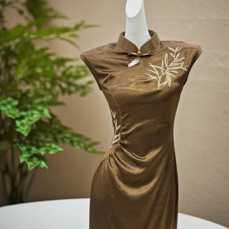 【风清余】25夏季新款掐腰冰绸缎复古中国风改良四色旗袍 衣长125