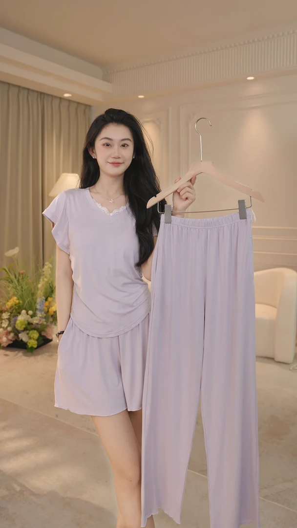 【奶皮慕斯】三件套代尔棉纯欲显白短袖家居服可外穿带胸垫睡衣女