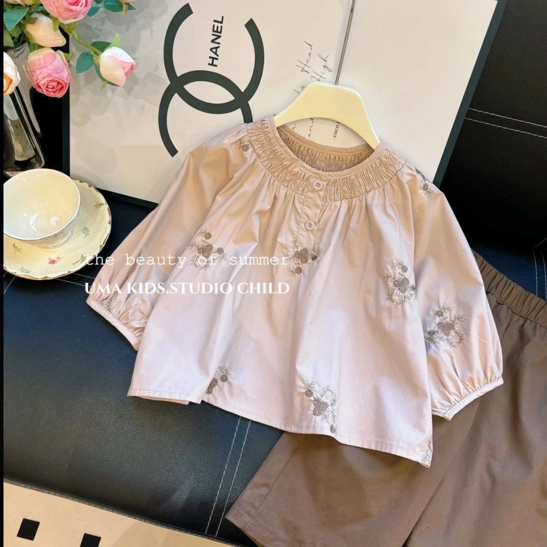 2025春秋新款中小女童韩版甜美刺绣衬衫上衣萝卜休闲裤两件套装潮