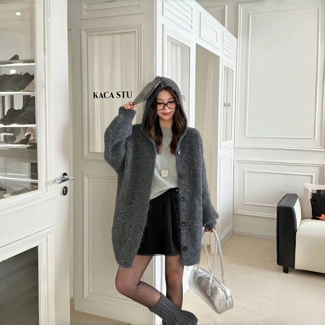 中长款上衣连帽毛针织衫宽松冬季百搭时尚秋冬新款加厚毛衣外套女