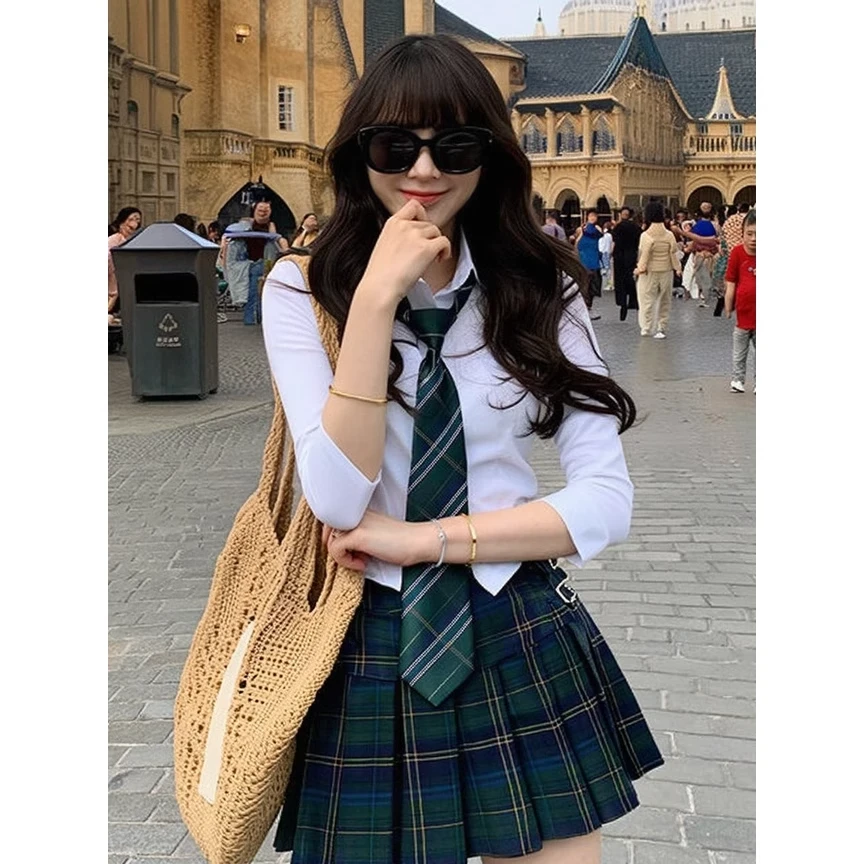美式辣妹学院风套装女夏季新款迪士尼穿搭jk衬衫绿色百褶裙两件套