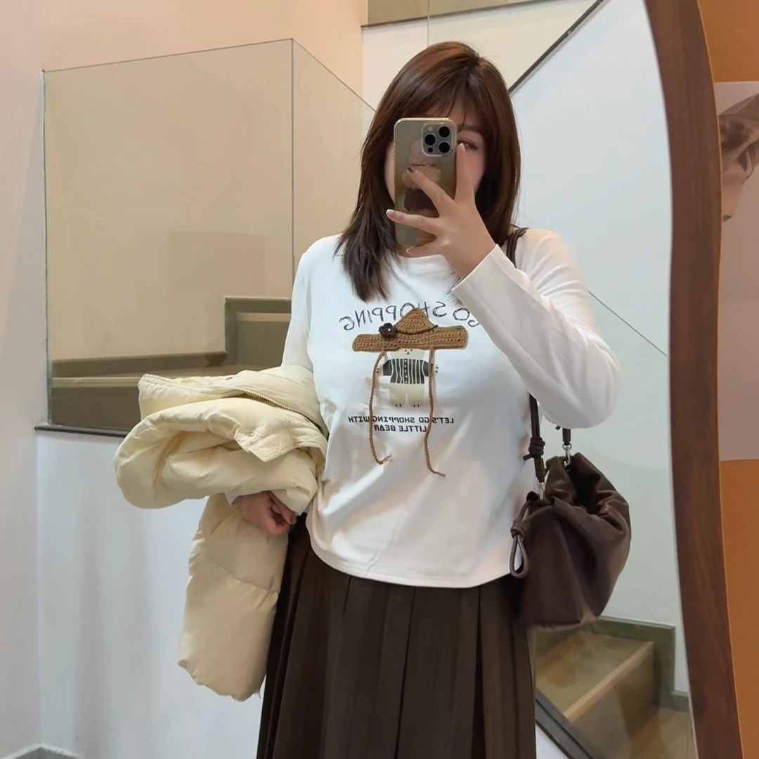 大码胖妹妹冬季新款显瘦韩系印花立体装饰卡通磨毛绒收腰长袖T恤