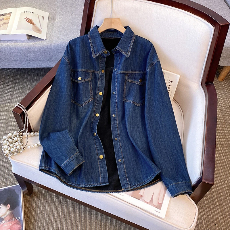 深蓝色牛仔衬衫外套女秋冬加绒加厚2025新款休闲宽松复古叠穿上衣