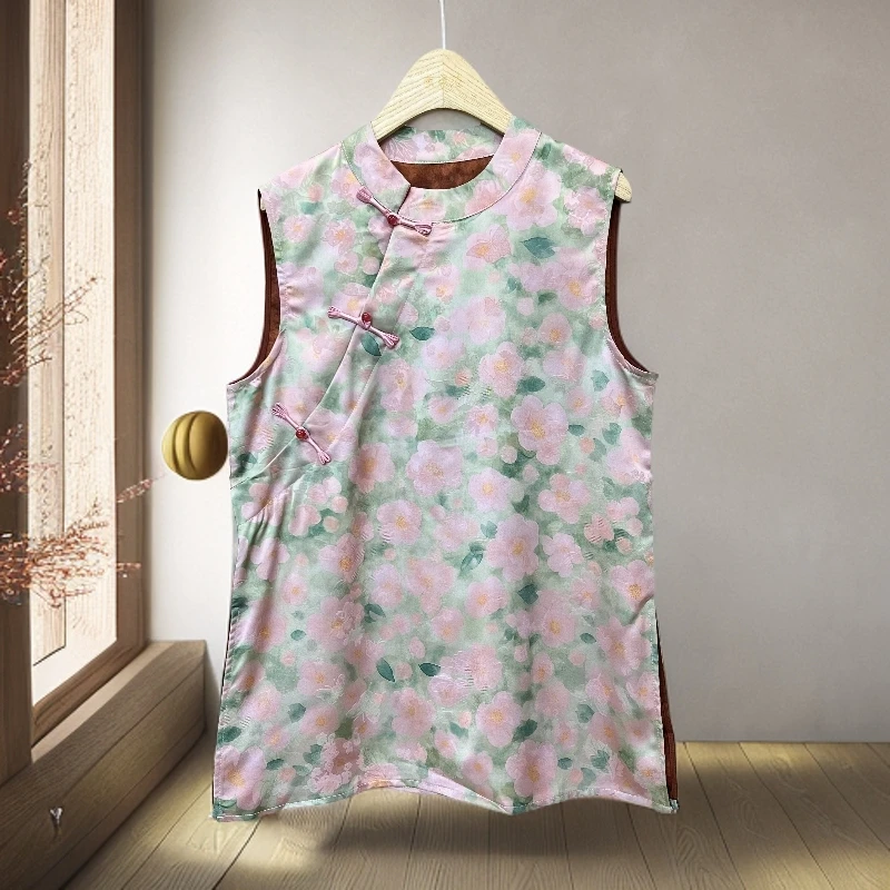 女士斜襟紫色立领上衣无袖夏季提花绿色中长款花纹096