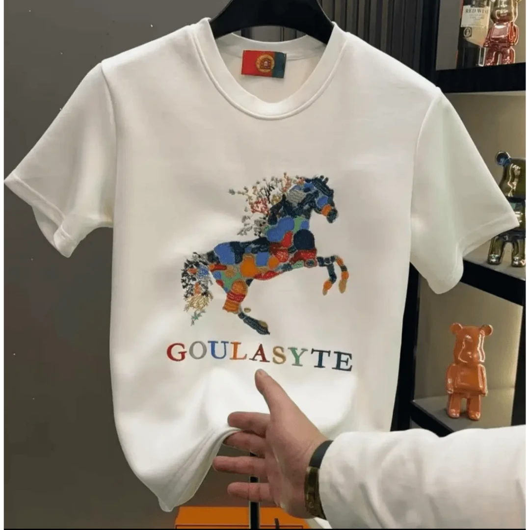 W01时尚民族风男士男款白色夏委半袖宽松印花修身经典休闲百搭