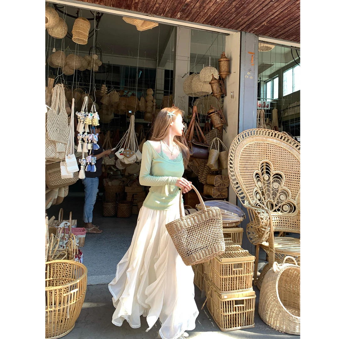 仙德瑞拉 新款法式赫本度假风设计感上衣温柔长裙显瘦两件套