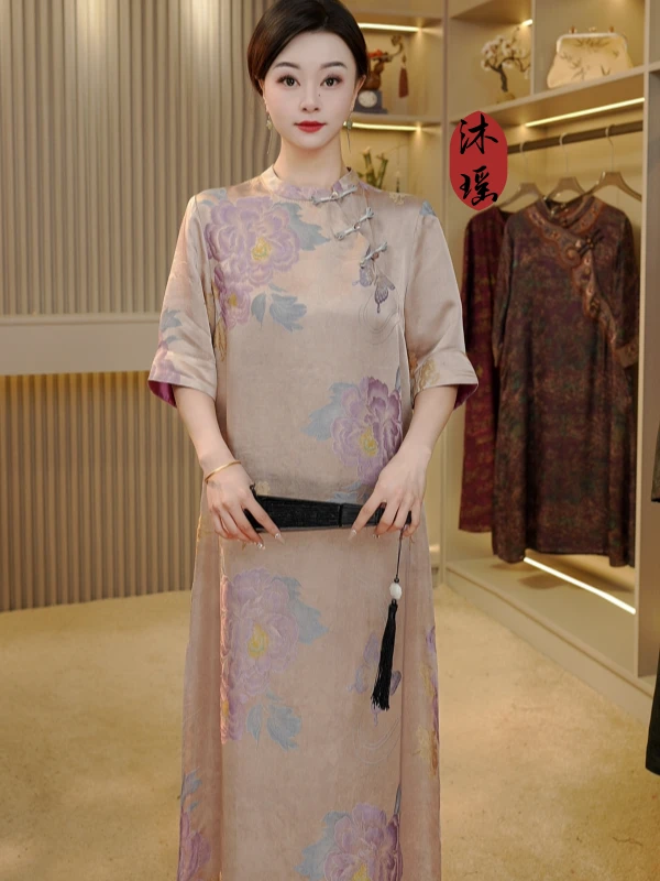 【风华绝代】2025新款新中式复古斜襟中长款重磅春季优雅女装连衣裙