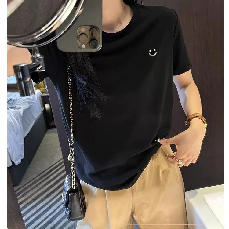 9956香肠嘴搞怪笑脸刺绣黑色短袖宽松T恤休闲圆领上衣