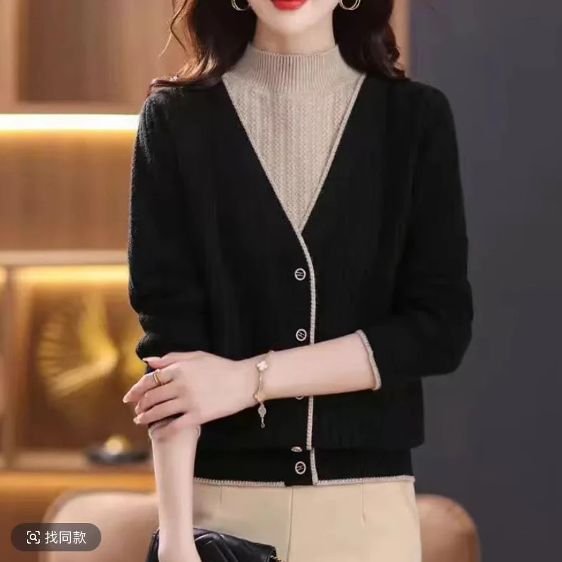 【钻扣假两件】057爆款半高领假两件拼色针织毛衣