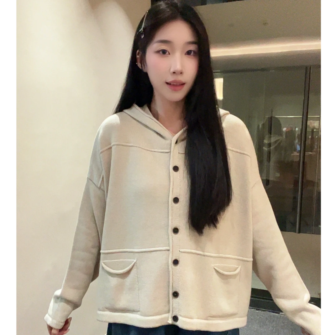 加厚连帽设计款女装2025秋冬新宽松休闲系毛针织衫女长袖针织上衣