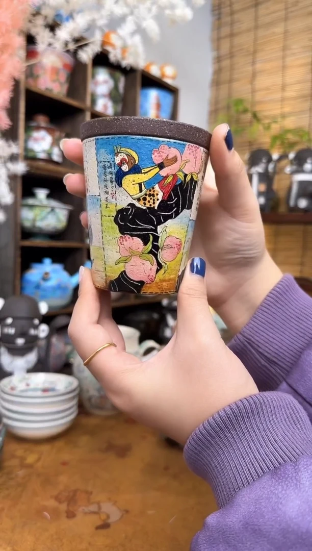 【闪购商品】玄之独家手绘手刻带盖可乐杯