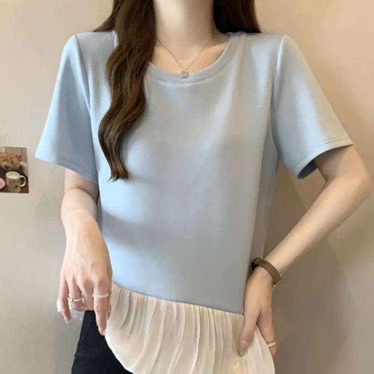 不规则蓬蓬裙摆短袖T恤女夏季大码胖mm收腰遮肚正肩洋气小衫上衣