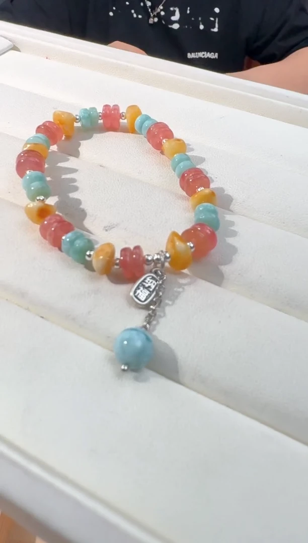 【闪购商品】针钠钙石（海纹石）手链银S925镶嵌海纹红纹盘珠款