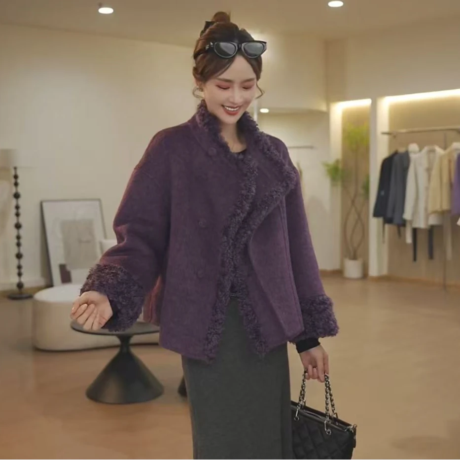 【田总定制】羊毛外套百搭短款拼接宽松型休闲立领加厚保暖