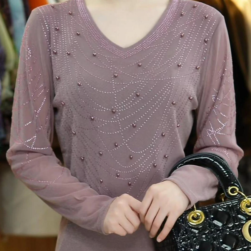 【主播同款】高档网纱烫钻V领镶钻T恤打底洋气蕾丝显瘦长袖上衣秋冬