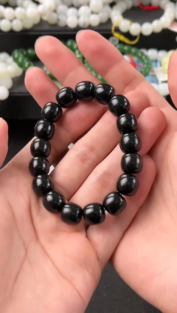 【闪购商品】和田玉手串未镶嵌和田黑青老型珠手串卡12mm微色差