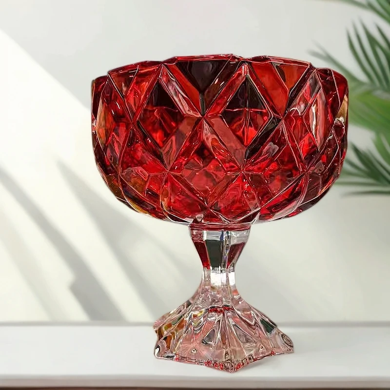 轻奢欧式高级红水晶高脚杯果盘糖果盘家居时尚摆件花器红色