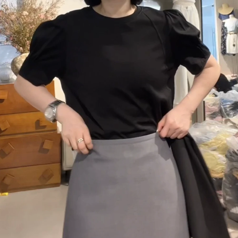 夏季新款宽松设计感泡泡袖后背蕾丝显瘦t恤