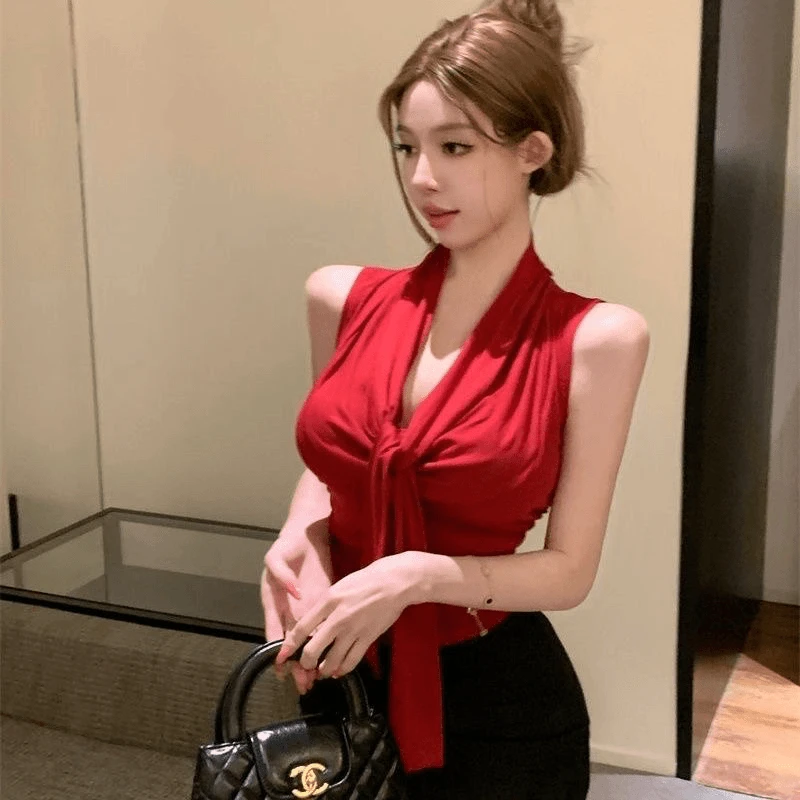 红色绑带荡领无袖背心洋气女夏季新款收腰修身辣妹风小众chic上衣