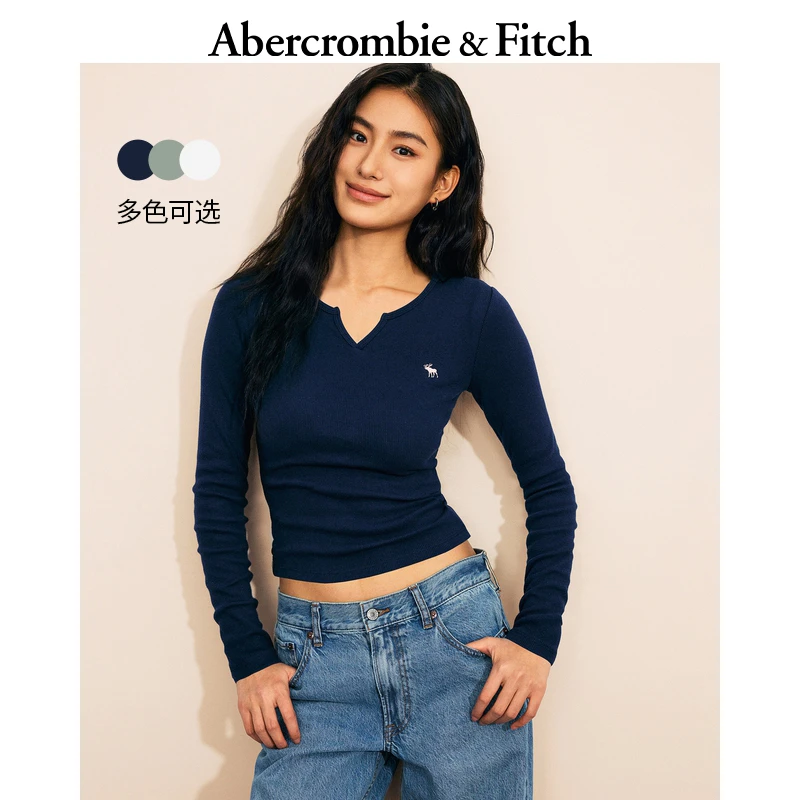 AF女装25春季经典小麋鹿罗纹V领修身打底长袖T恤KI139-5568