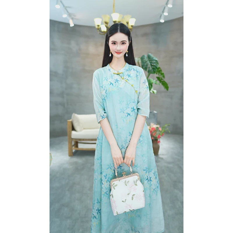 赠李白100支苎麻显瘦气质中国风旗袍中长款原创盘上有黄鹂深树鸣