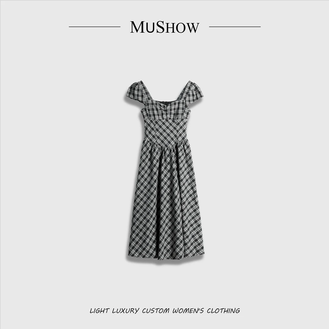 慕秀Mushow 「落日花园」设计感格子连衣裙 G60141