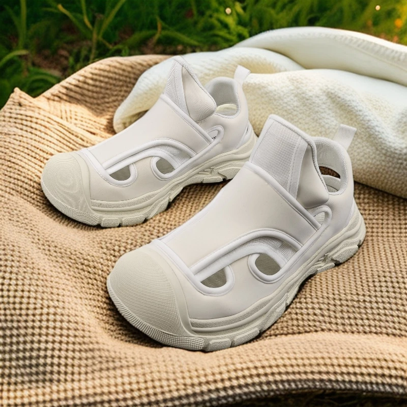 SGIRLTWTW弹力布舒适休闲运动鞋女2024夏季镂空厚底一脚蹬老爹鞋