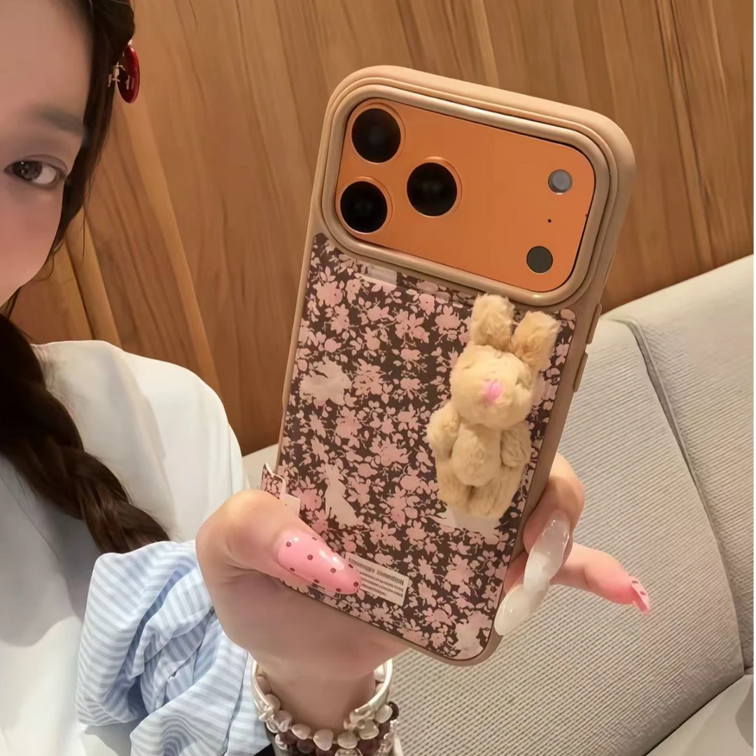 复古秋冬粉碎花毛绒兔适用iPhone17promax手机壳苹果16pro/151413